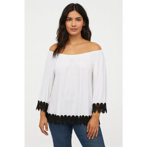 Women's Miin White Off-Shoulder Blouse with Black Lace Trim M